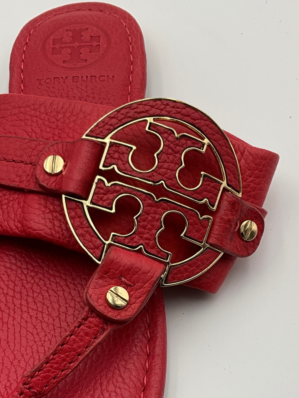 Tory Burch orange Red Leather Miller Sandals with Gold Medallion 8 1/2 W - Picture 5 of 9